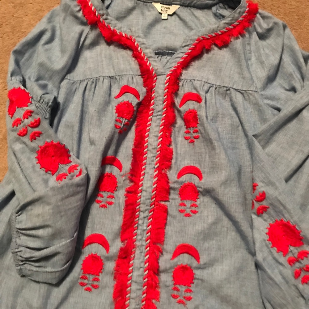 Chambray and red blouse